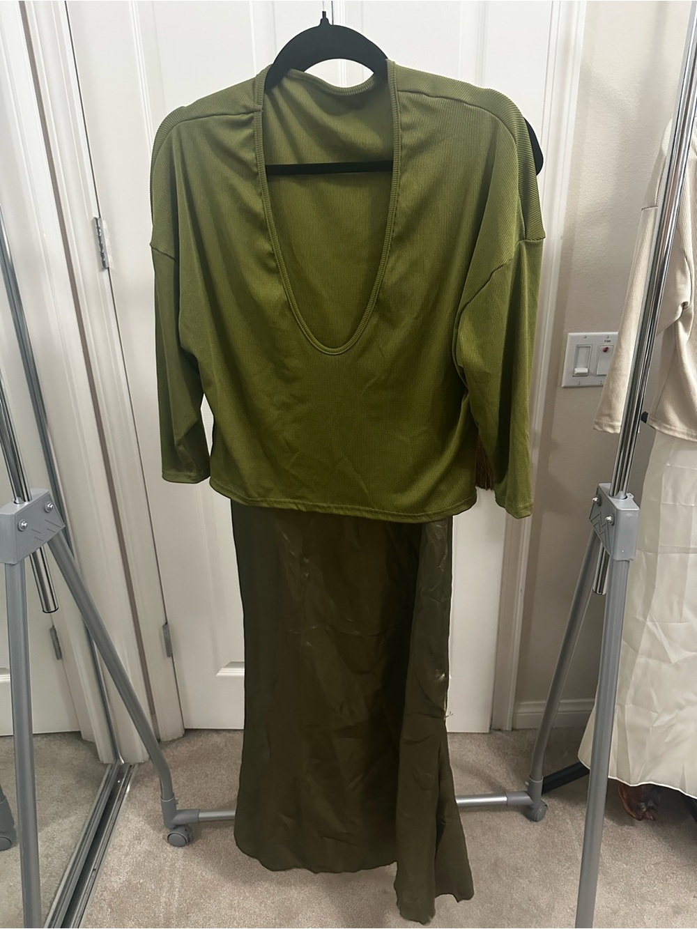 Olive Green Women’s Maxi Dress — Deep V Neck